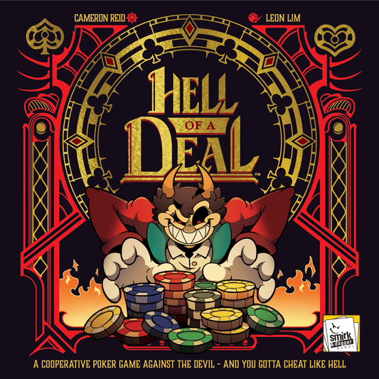 Cover of 'Hell of a Deal' board game with devil character and poker chips.