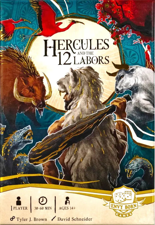 Book cover of 'Hercules and the 12 Labors' with illustrations of Hercules and various animals on a colorful background.