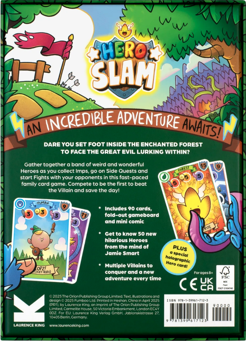 Back cover of a card game packaging titled 'Hero Slam' with colorful graphics and text.
