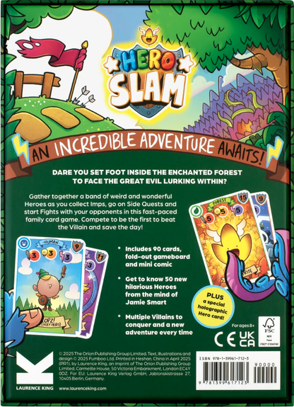 Back cover of a card game packaging titled 'Hero Slam' with colorful graphics and text.