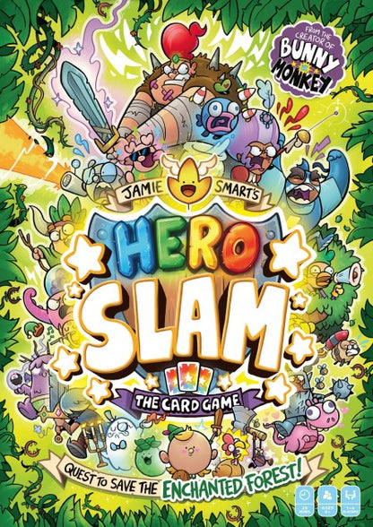 Cover of 'Hero Slam' card game with colorful characters and text on a green background