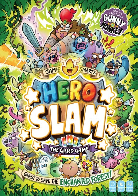 Cover of 'Hero Slam' card game with colorful characters and text on a green background
