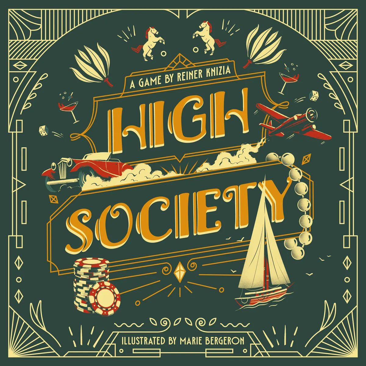 Cover of 'High Society' board game with decorative elements and text.