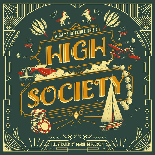 Cover of 'High Society' board game with decorative elements and text.
