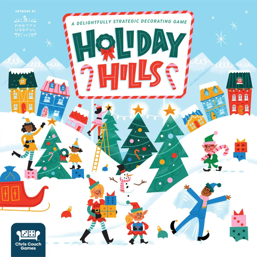 Board game box for 'Holiday Hills' with festive illustrations of houses, trees, and elves.