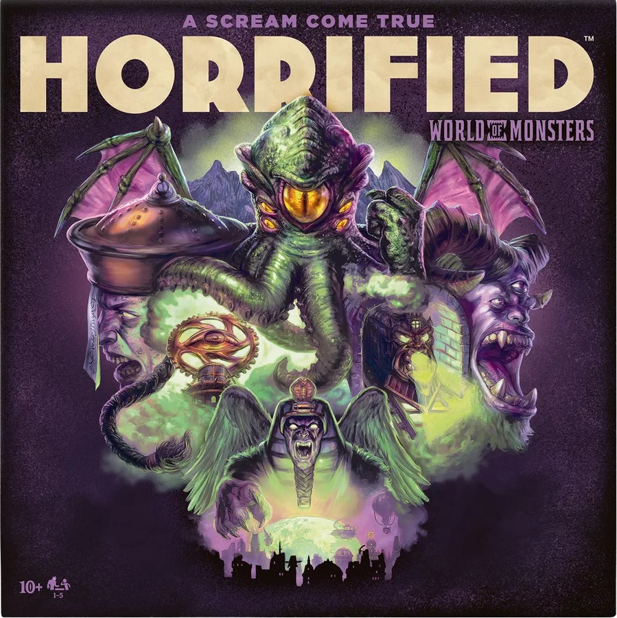 Board game box for 'Horrified: World of Monsters' with colorful monsters on a dark background