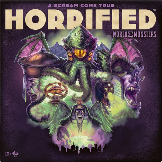 Board game box for 'Horrified: World of Monsters' with colorful monsters on a dark background
