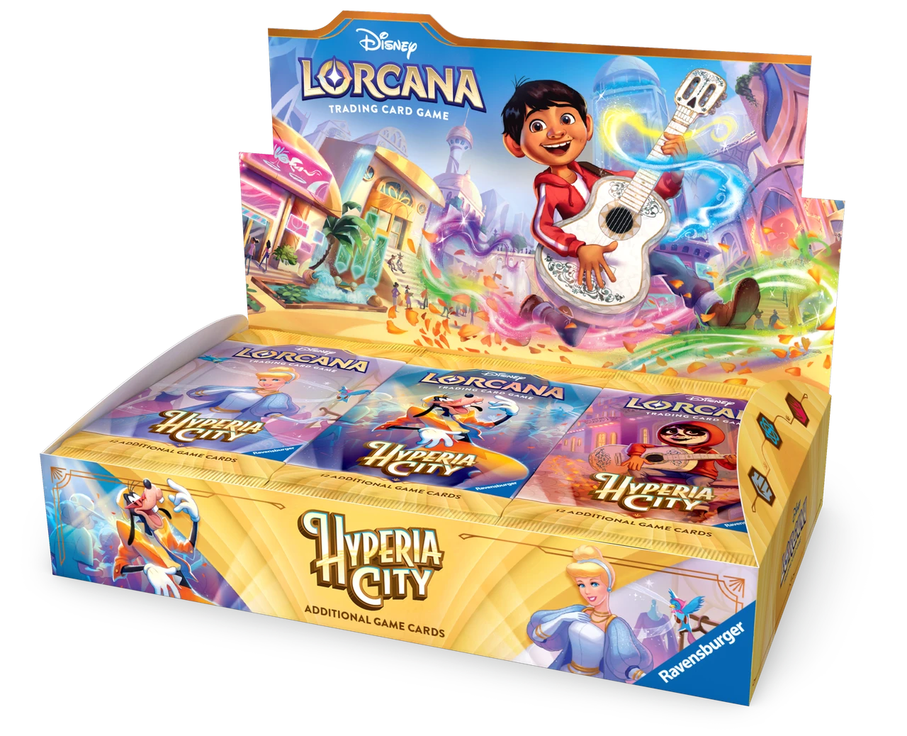 A display box of Disney Lorcana Hyperia City trading card game booster packs, featuring colorful character artwork and multiple sealed booster packs visible inside.