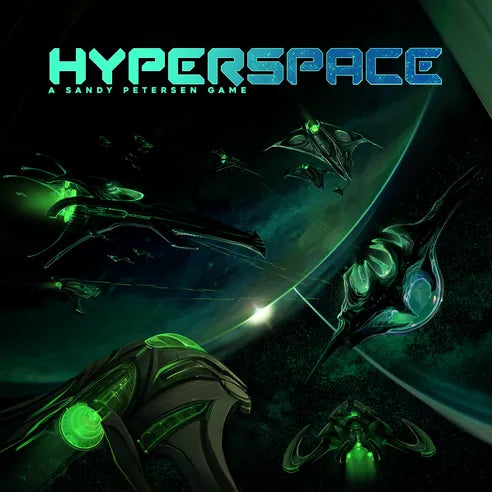 Cover of 'Hyperspace' game by Sandy Petersen with futuristic spacecraft design.