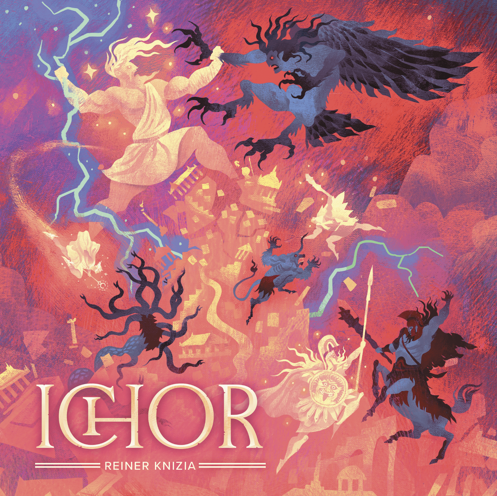 Cover of 'Ichor' board game by Reiner Knizia with fantasy characters and cityscape.