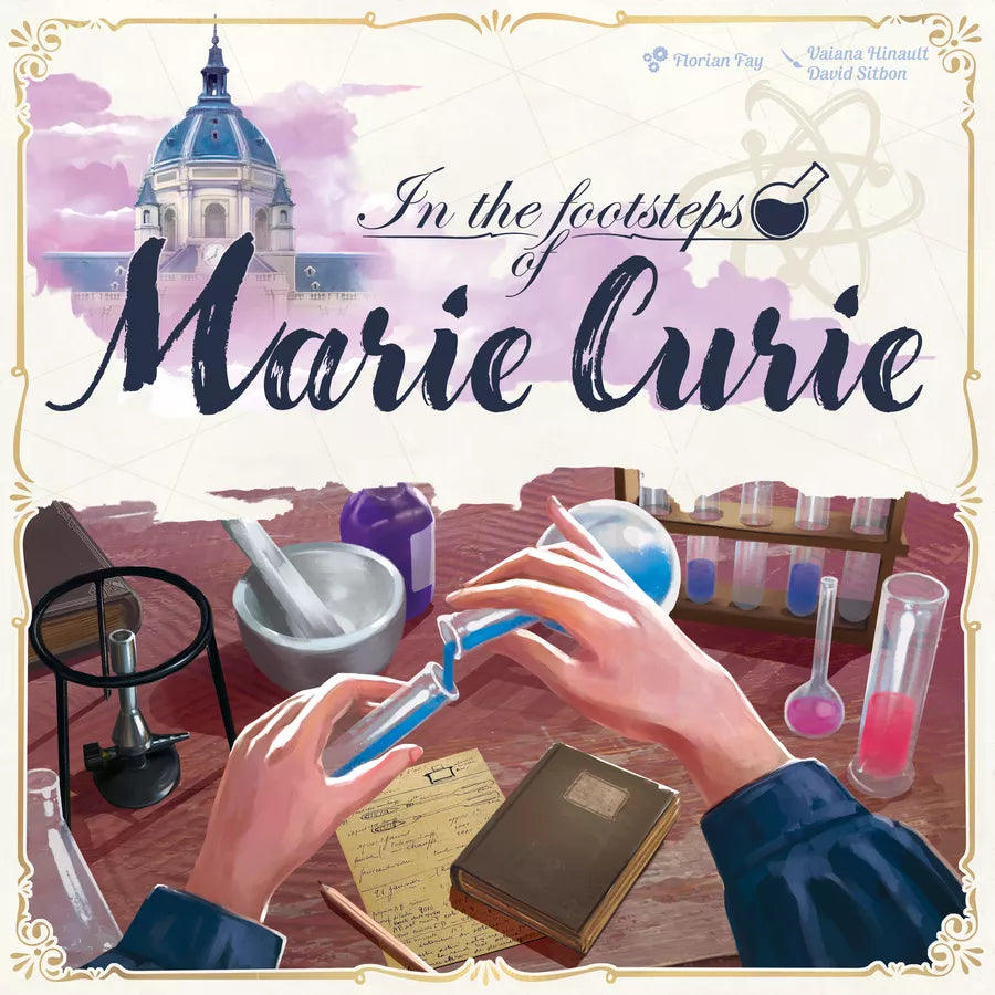 Book cover of 'In the Footsteps of Marie Curie' with hands conducting experiments in a laboratory.