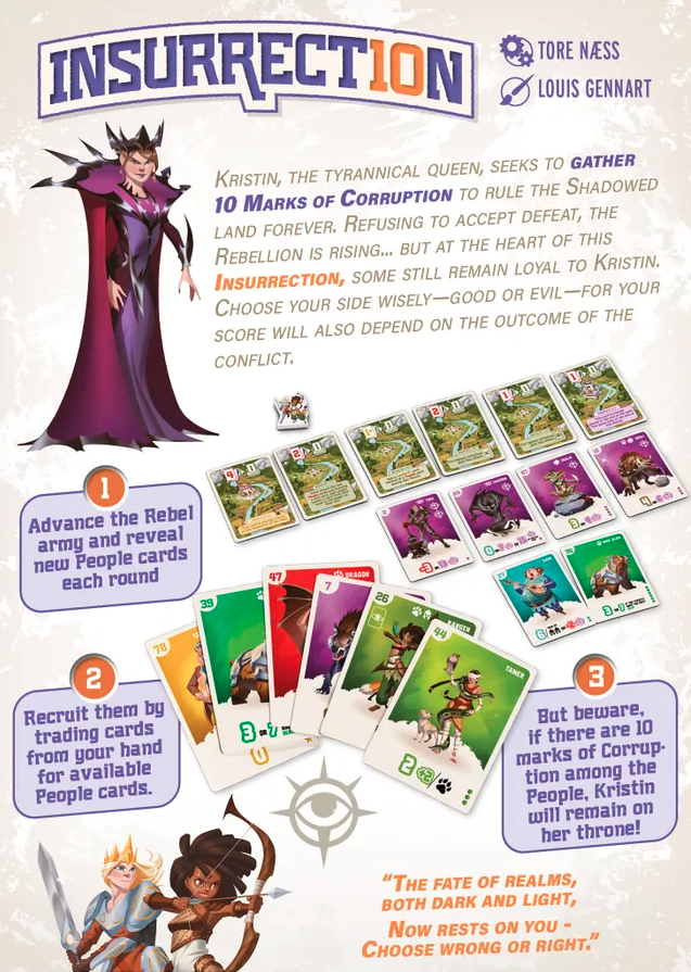 Front cover of the card game 'Insurrection' featuring illustrated characters, multiple sample cards, and informational text on a light background.