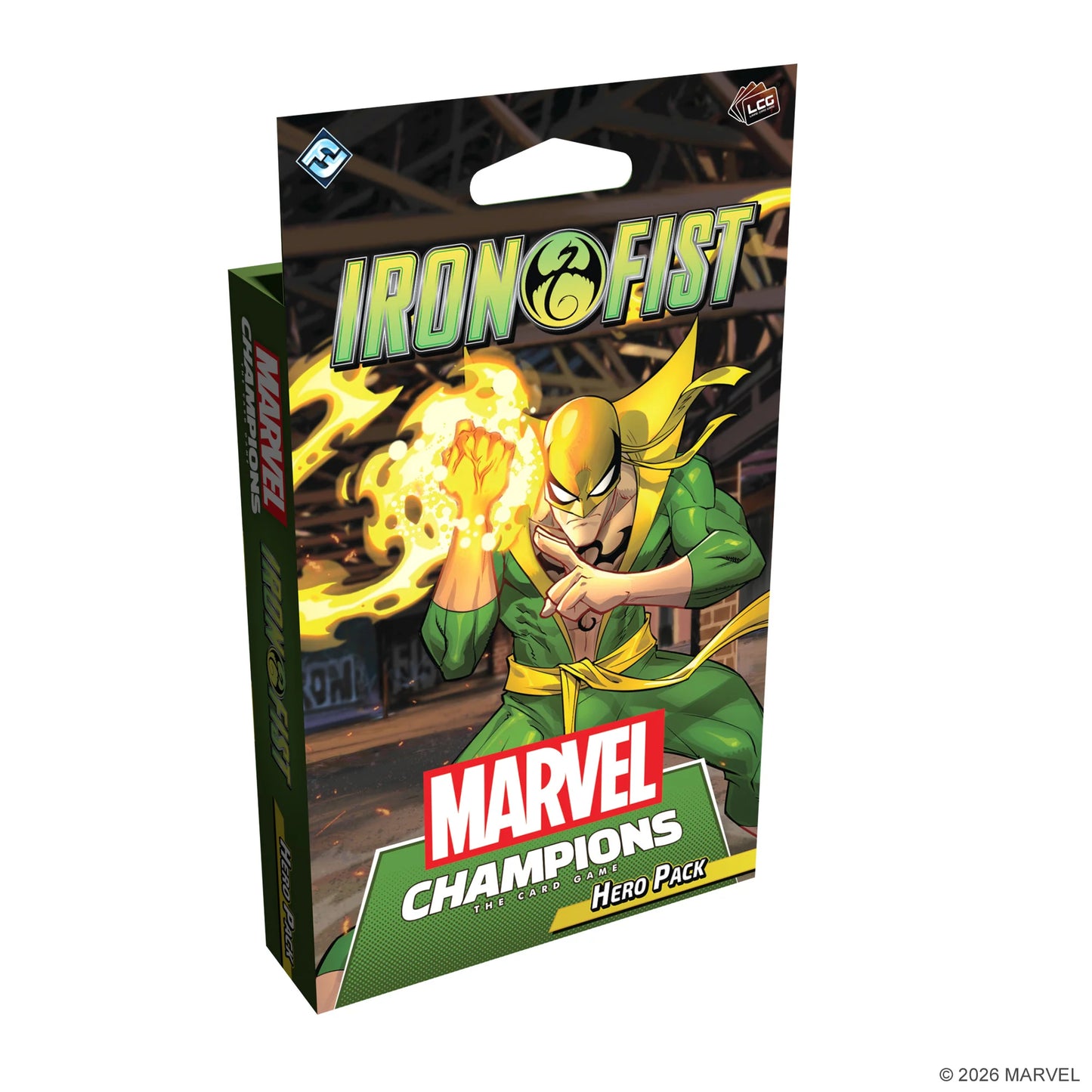 Marvel Champions: Iron Fist Hero Pack board game box on a plain white background, showing the illustrated cover art and visible Marvel and Fantasy Games International logos.