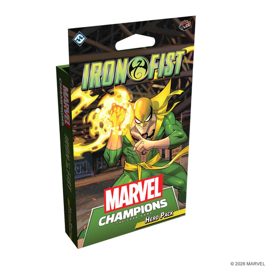 Marvel Champions: Iron Fist Hero Pack board game box on a plain white background, showing the illustrated cover art and visible Marvel and Fantasy Games International logos.
