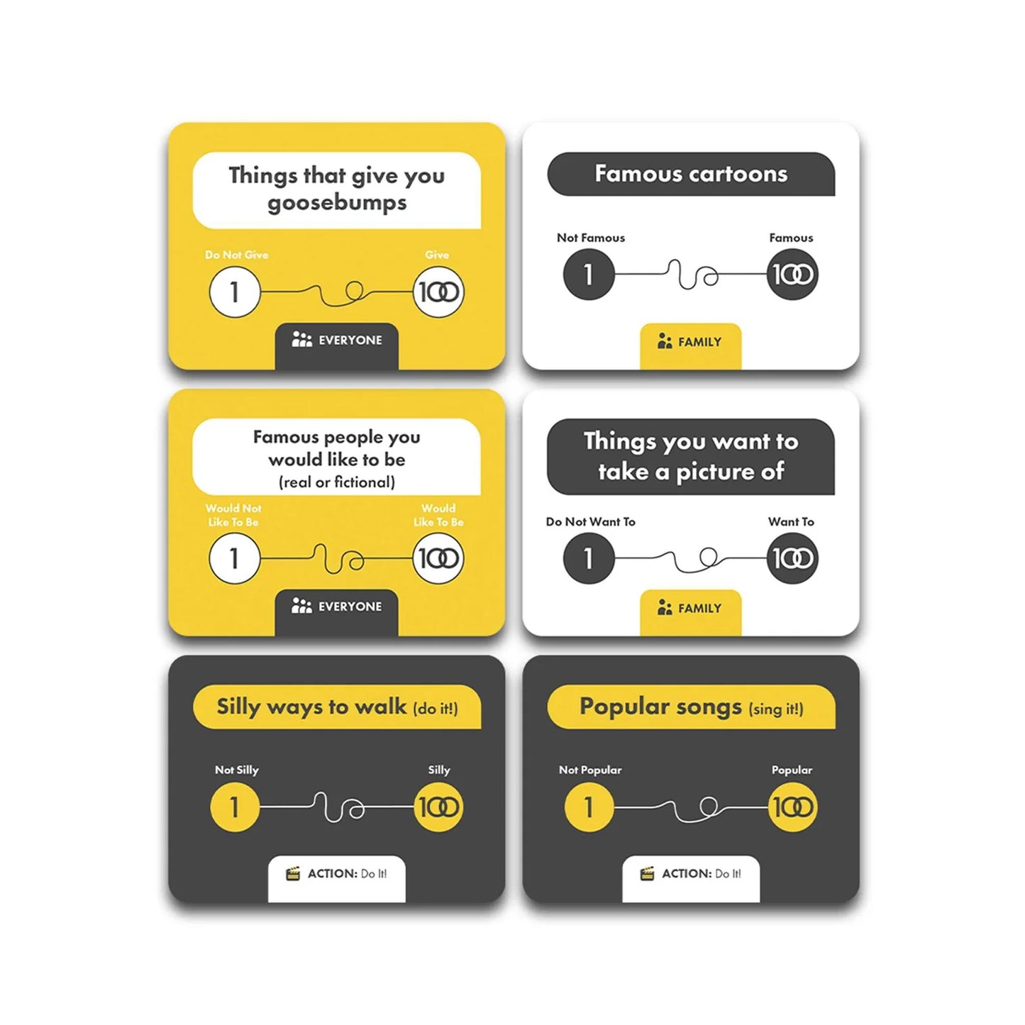 Set of six question cards with yellow and black designs on a white background