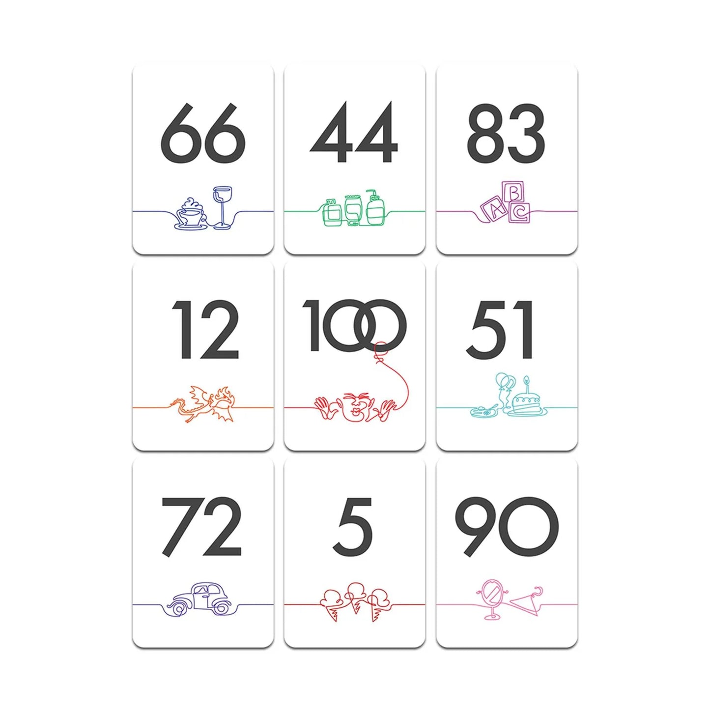 Set of cards with numbers and simple illustrations on a white background