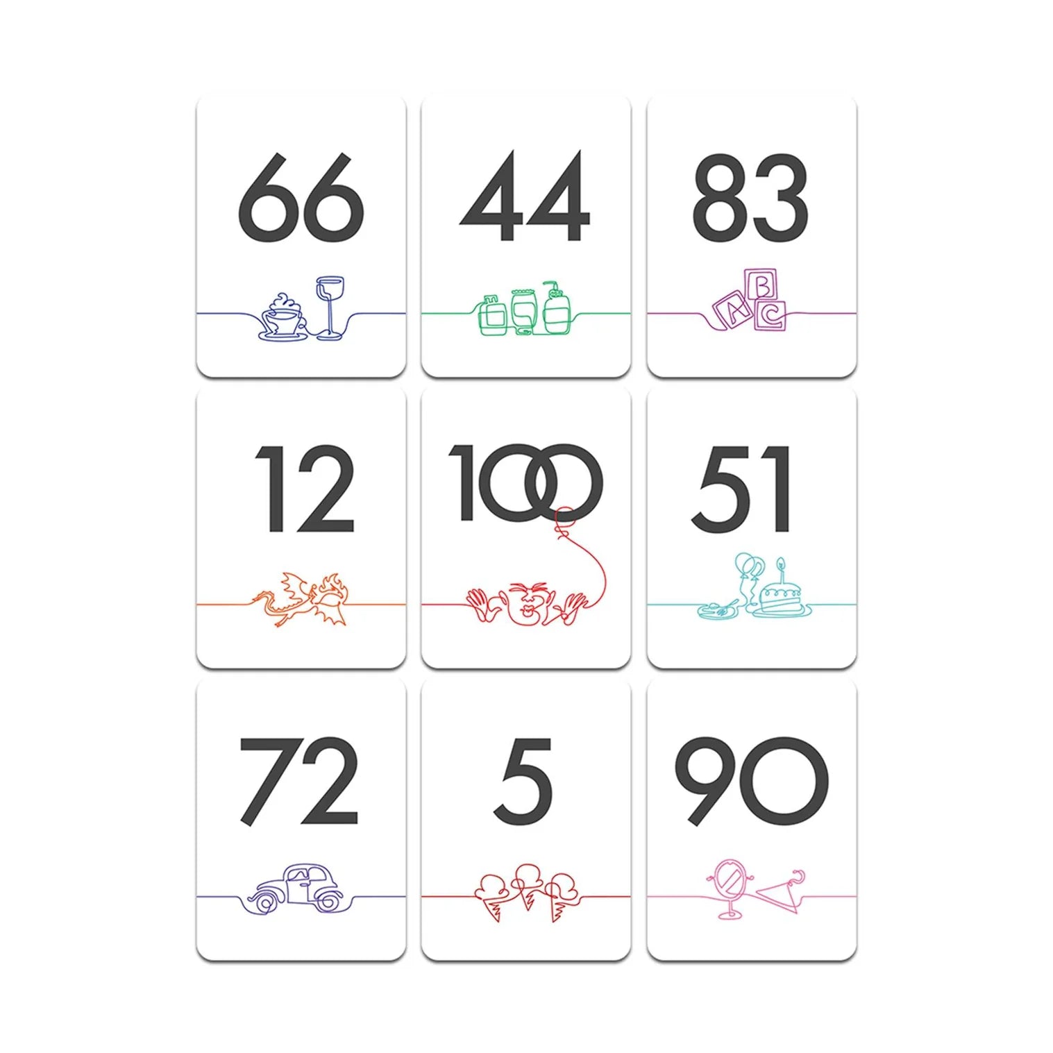Set of cards with numbers and simple illustrations on a white background