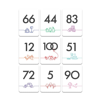Set of cards with numbers and simple illustrations on a white background