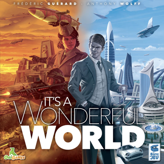 Cover of 'It's a Wonderful World' board game with two characters and futuristic cityscape.