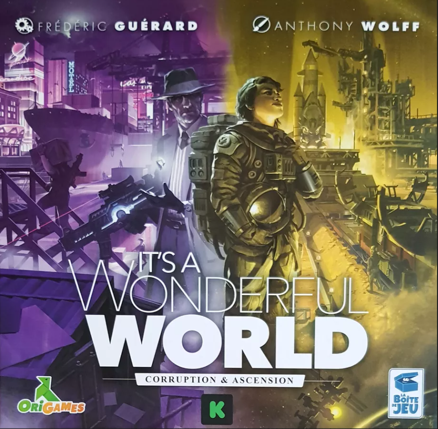 Board game box for 'It's a Wonderful World' featuring two characters in a futuristic cityscape.