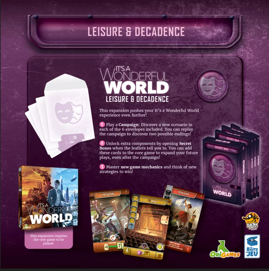 Promotional image of 'It's a Wonderful World' game expansion with cards and packaging on a purple background.