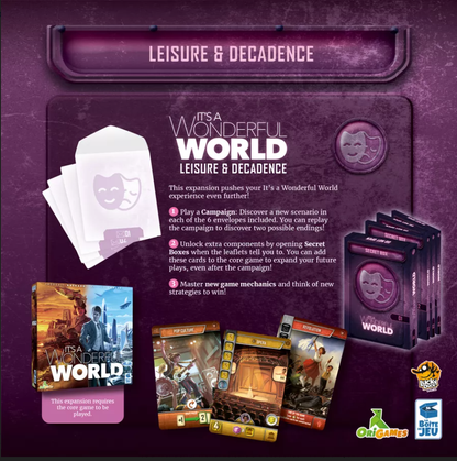 Promotional image of 'It's a Wonderful World' game expansion with cards and packaging on a purple background.