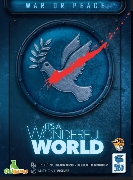 Board game box for 'War or Peace: It's a Wonderful World' with a dove and red splash design on a blue background.