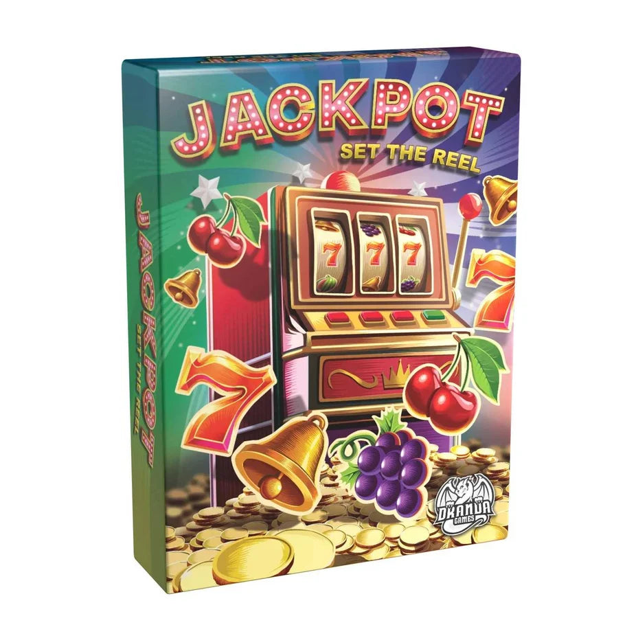 Board game box titled 'Jackpot' with slot machine and gambling-themed graphics on a white background.