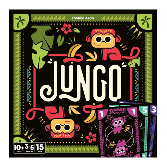 Board game box titled 'Jungo' with colorful monkey illustrations and game components.