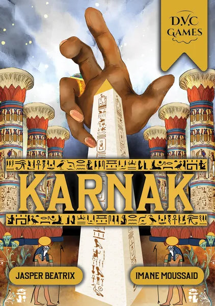 Board game box for 'Karnak' with hand holding a temple model and Egyptian-style text.