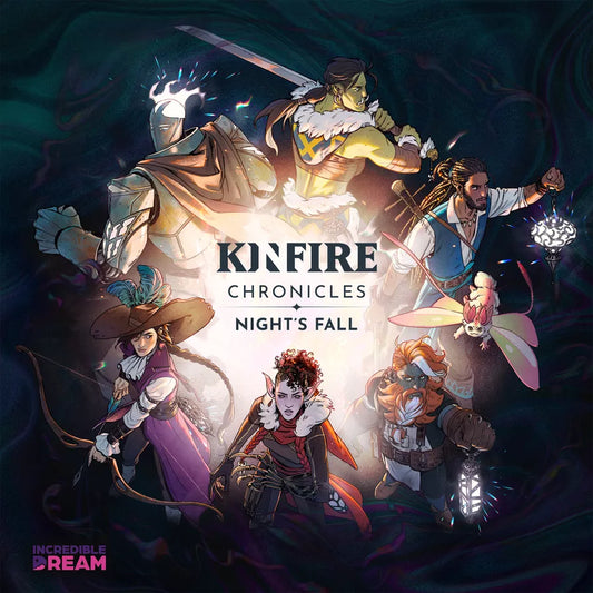 Cover of 'Kinfire Chronicles: Night's Fall' featuring fantasy characters with a dark background.