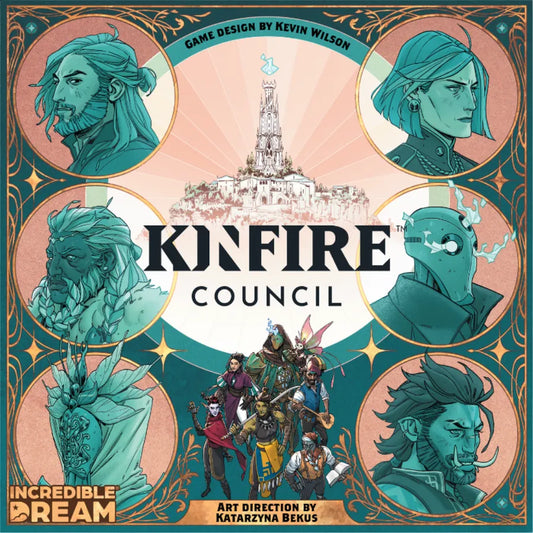 Cover of 'Kinfire Council' game with illustrated characters and architecture.