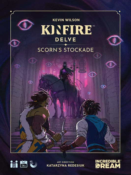 Book cover of 'Kinfire Delve: Scorn's Stockade' by Kevin Wilson with two characters facing a horse in a grand hall.