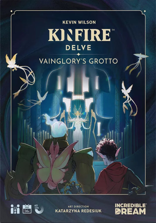 Cover of 'Kinfire Delve: Vainglory's Grotto' with two characters and a glowing figure in the background.