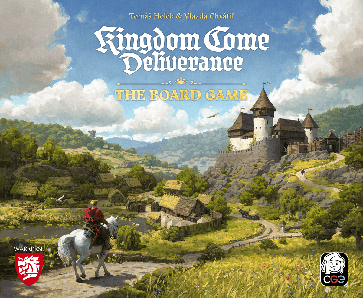 Front cover artwork for the board game Kingdom Come: Deliverance, showing a medieval village with a stone castle, rolling green hills, and a rider on horseback under a blue sky. The title is prominently displayed at the top, with Warhorse and CCG logos at the bottom.
