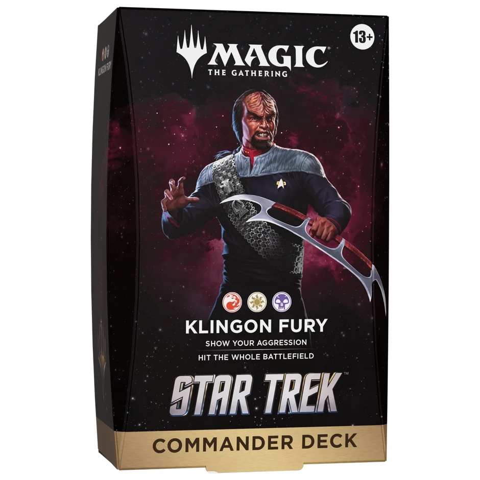 Magic: The Gathering Star Trek Klingon Fury Commander Deck box, featuring a black and dark red space-themed design with an illustration of a Klingon character holding a curved blade.