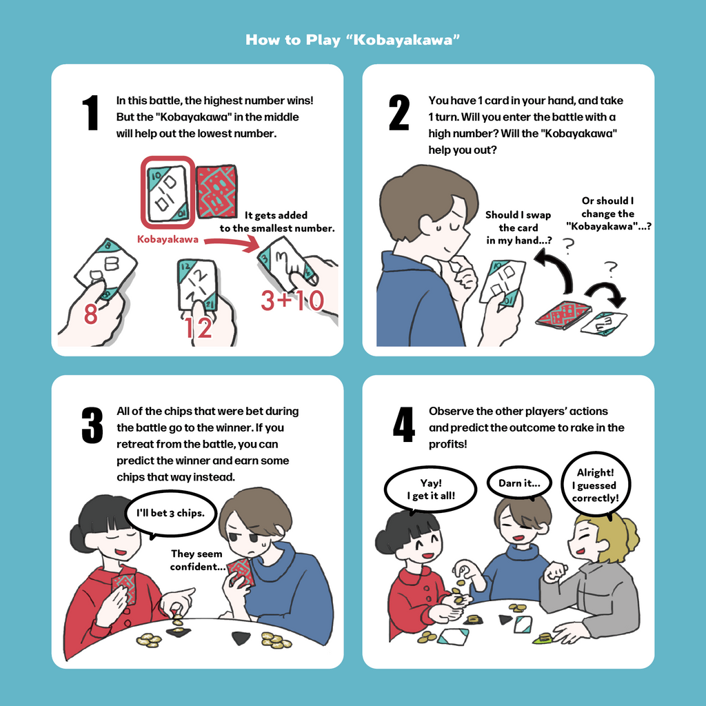 Instructions for playing a card game titled 'Kobayakawa' with illustrations and text.