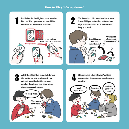 Instructions for playing a card game titled 'Kobayakawa' with illustrations and text.