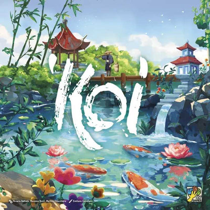 Board game box for 'Koi' with a scenic design featuring a pond, koi fish, and traditional Chinese architecture.