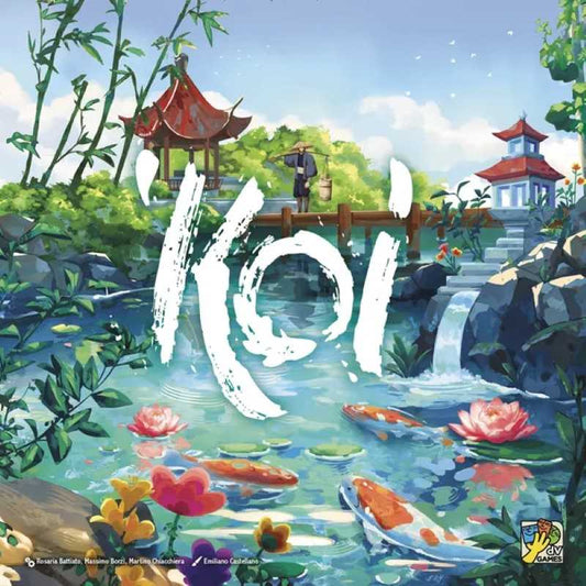 Board game box for 'Koi' with a scenic design featuring a pond, koi fish, and traditional Chinese architecture.