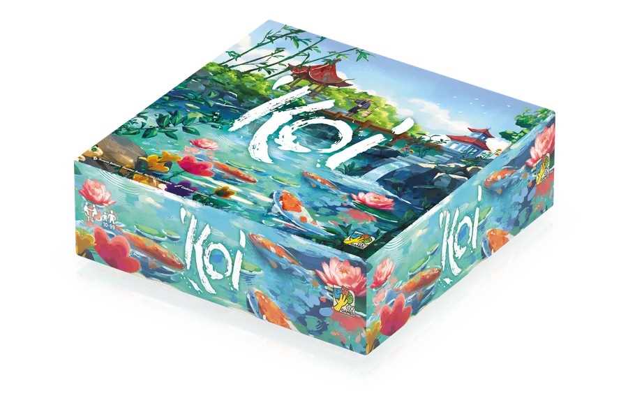 Board game box with 'Koi' design featuring fish and lilies on a white background