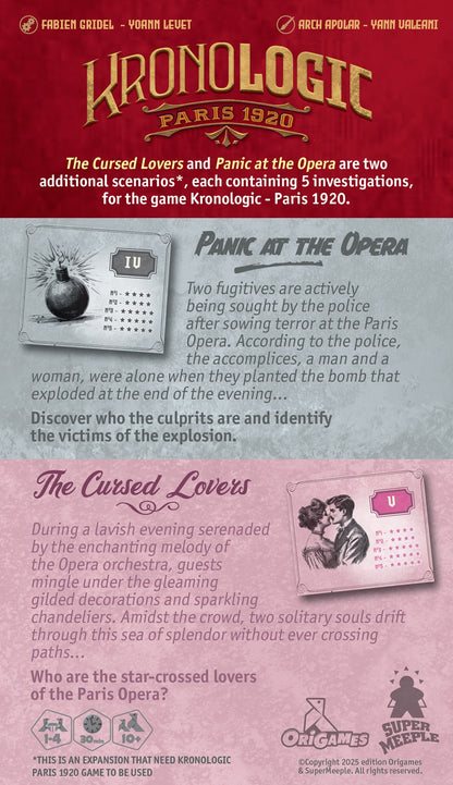 Kronologic Paris 1920 game expansion packaging with scenarios 'Panic at the Opera' and 'The Cursed Lovers'.