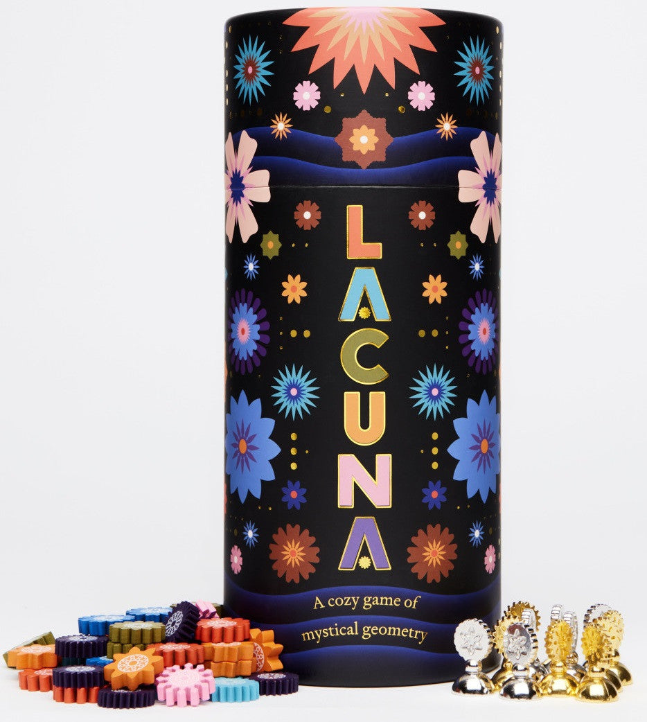 Colorful cylindrical Lacuna game box with decorative elements on a white background
