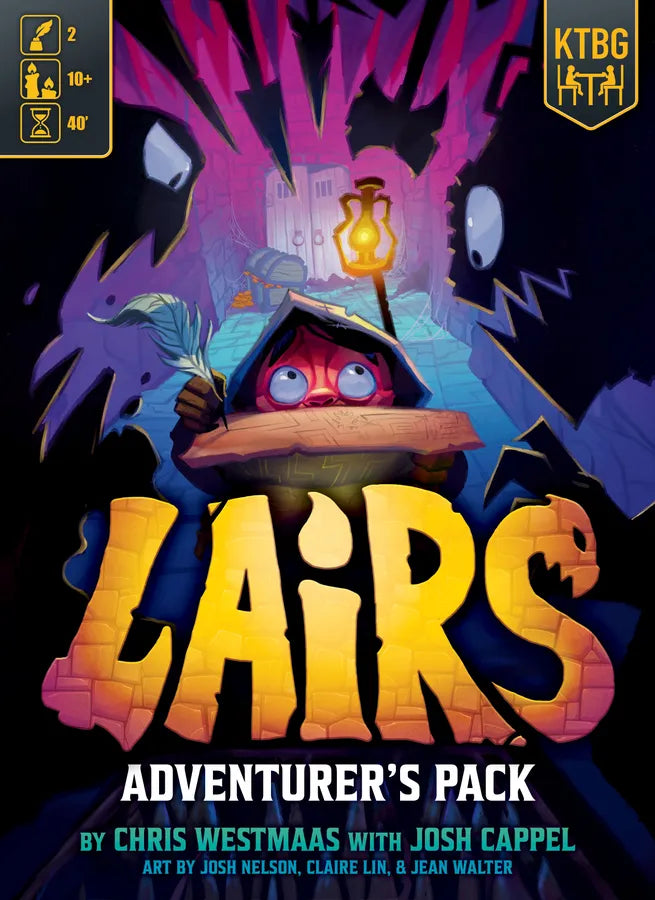 Cover of 'Lairs' Adventurer's Pack with cartoon character and KTBG logo.