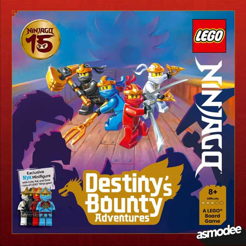 LEGO Ninjago board game box with characters and promotional text on a red border