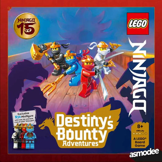 LEGO Ninjago board game box with characters and promotional text on a red border