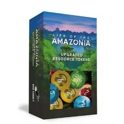 Box of 'Life of the Amazonia' upgraded resource tokens with colorful tokens on a white background