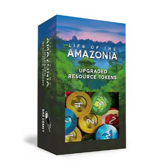 Box of 'Life of the Amazonia' upgraded resource tokens with colorful tokens on a white background