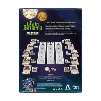 Back of a board game box for 'Life in Reterra' with game components and text.
