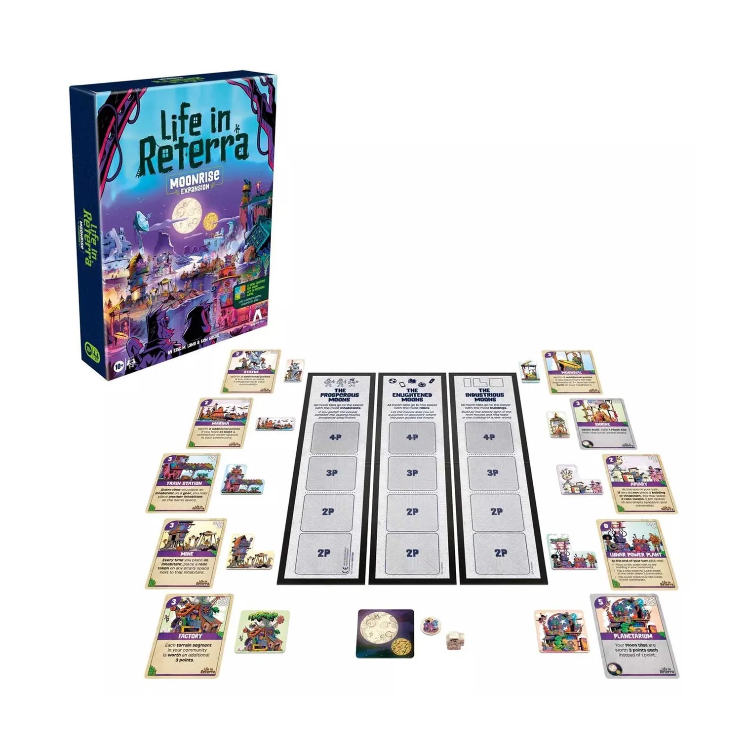 Board game set with 'Life in Reterra' box and various game pieces on a white background